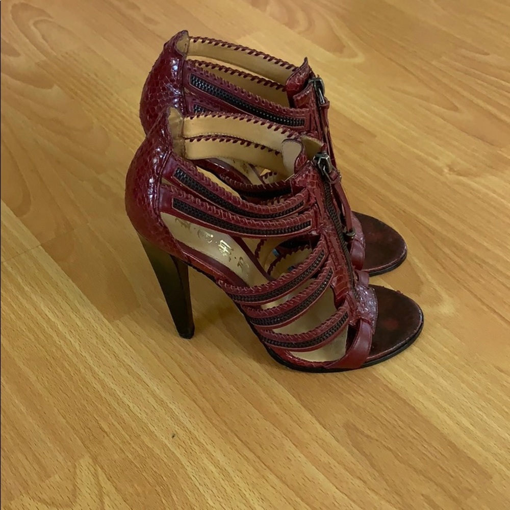 Open toe zip up shoes.